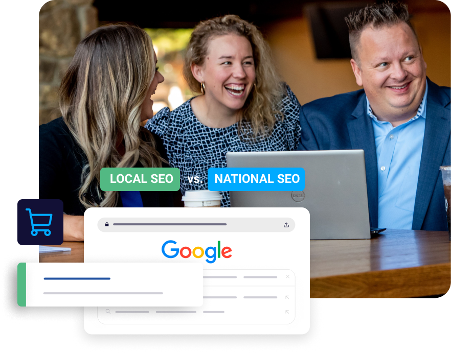 Three digital marketing professionals building an local and national SEO strategy