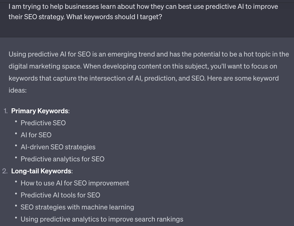 We asked ChatGPT for keyword options for a client wanting to talk about predictive AI.