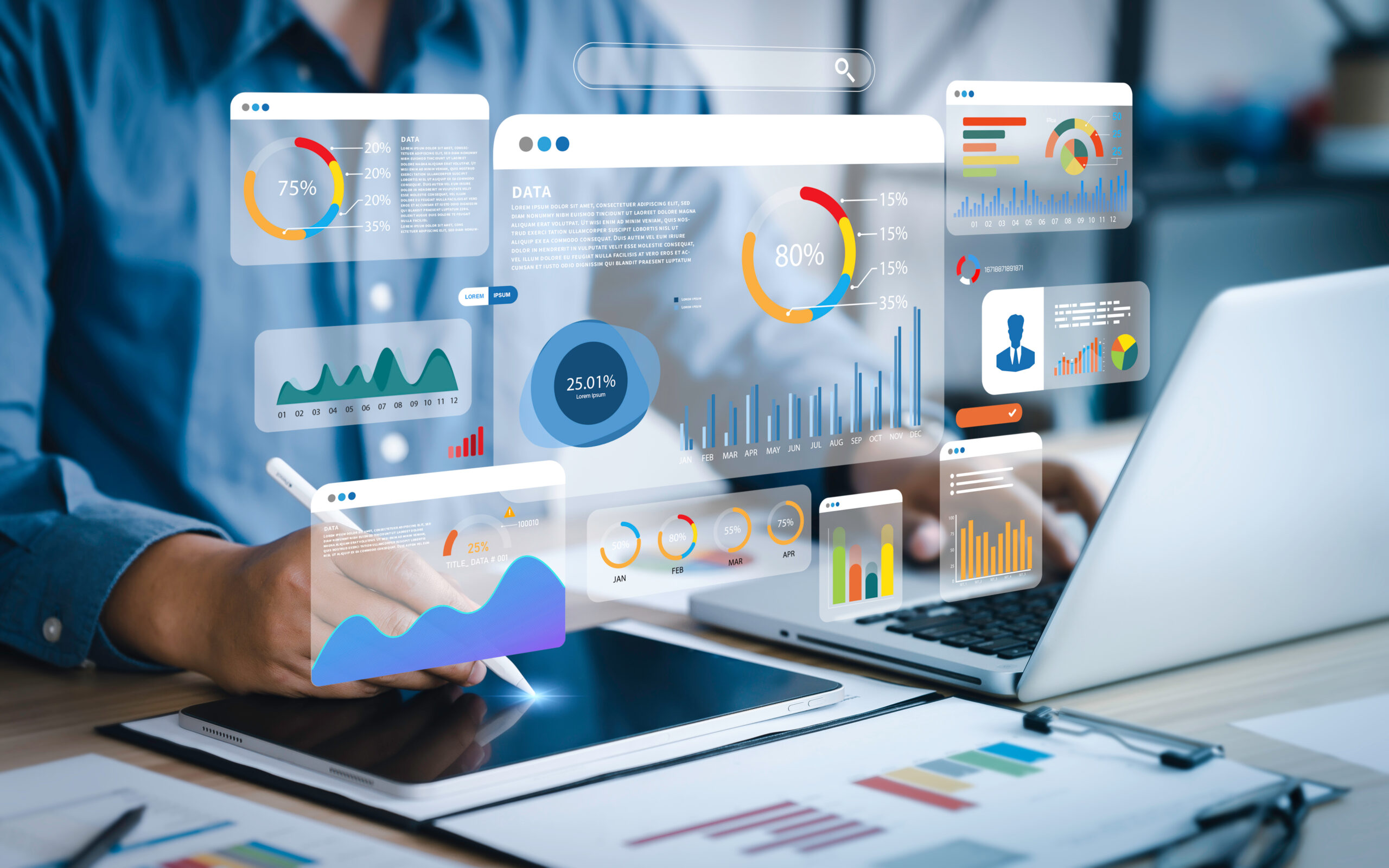 An analyst uses a computer and dashboard for data business analysis and Data Management System with KPI and metrics connected to the database for marketing