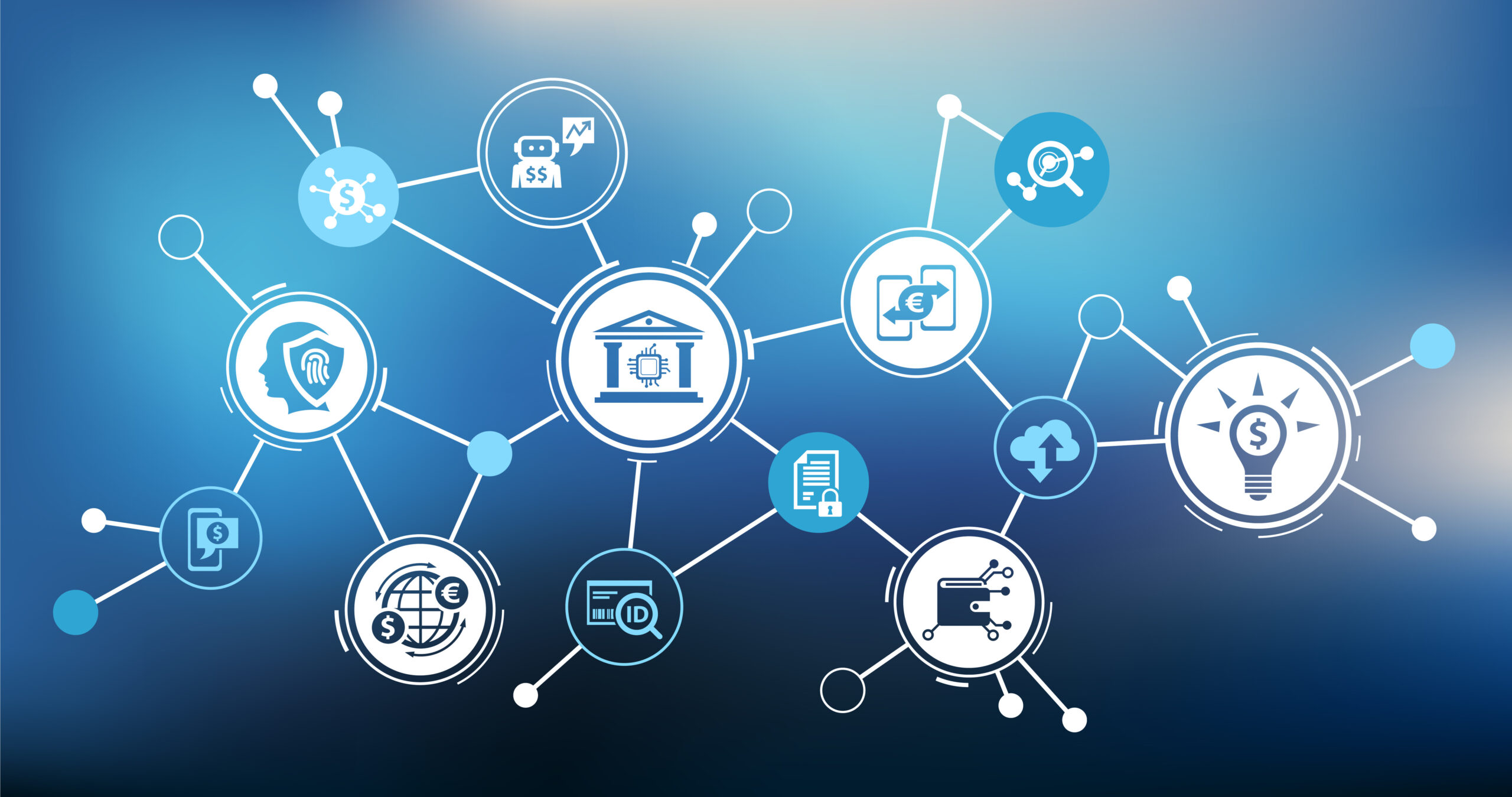 Graphic showing various finance and tech icons connected.