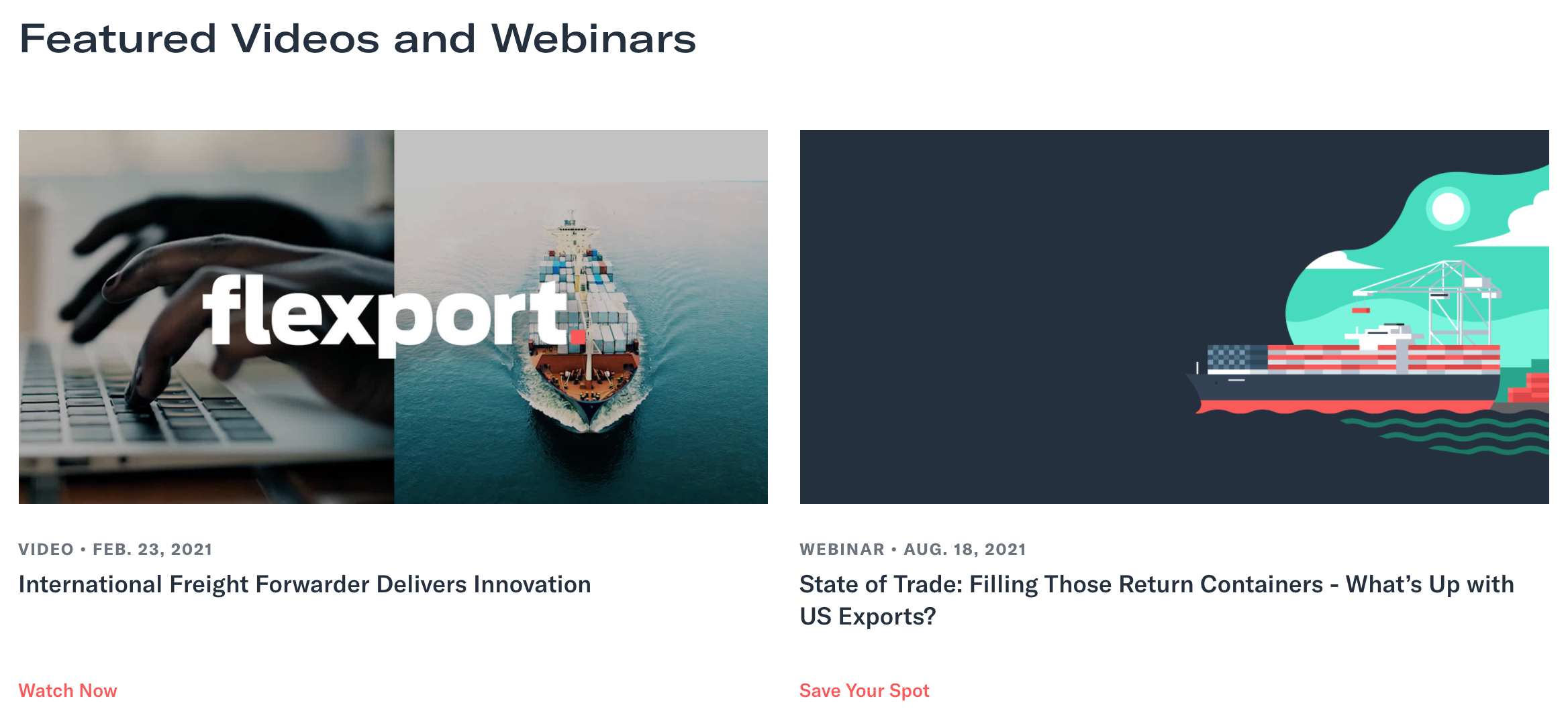 A screenshot of two Flexport Webinars.