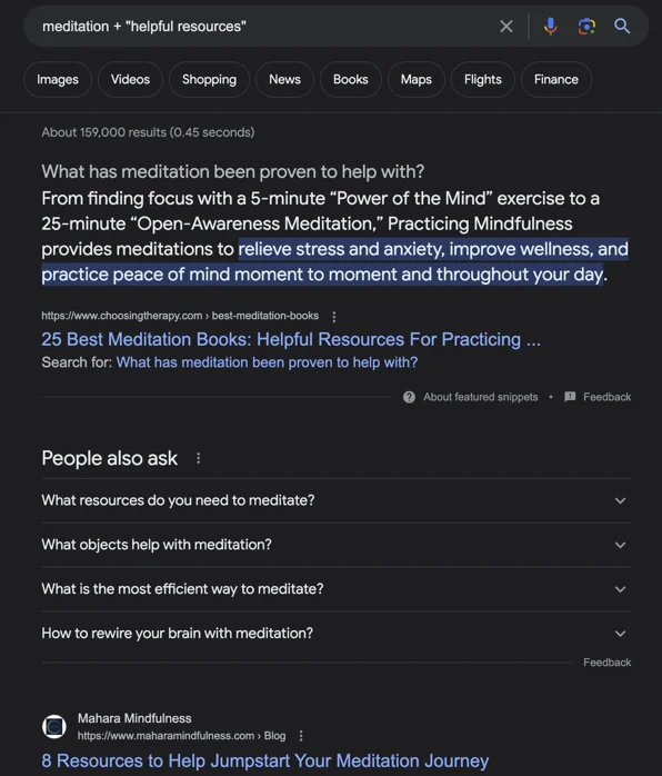 A screenshot of the Google search results page for the query meditation + "helpful resources."