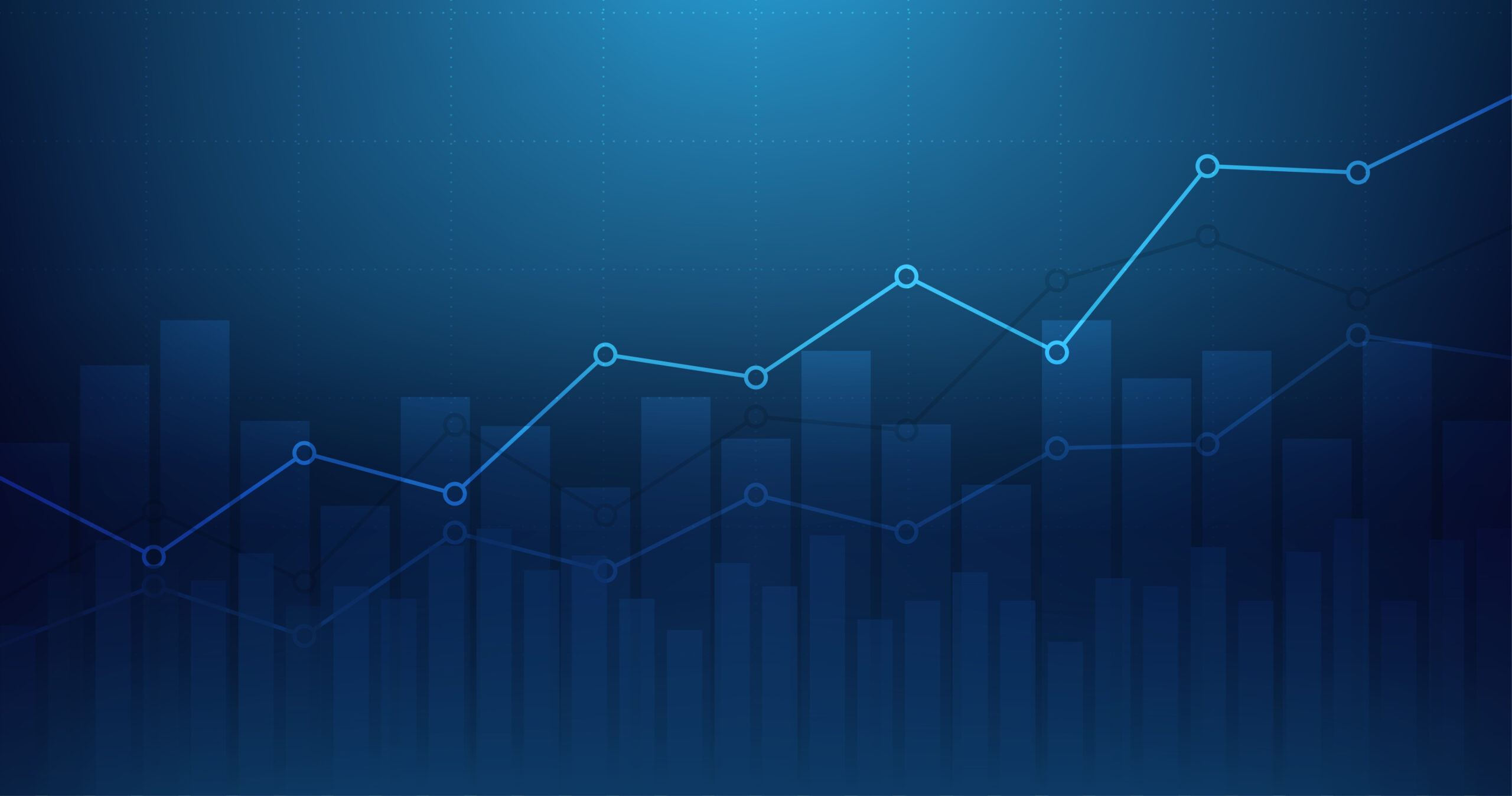 Digital bar graphs and line graphs are layered atop one another in front of a dark blue background.