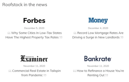 A screenshot showing different publications where Roofstock has been featured.