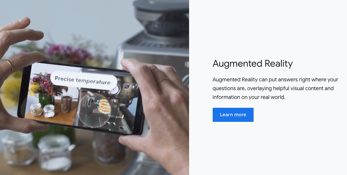 A screenshot of a webpage informing users about Google's VR and AR.