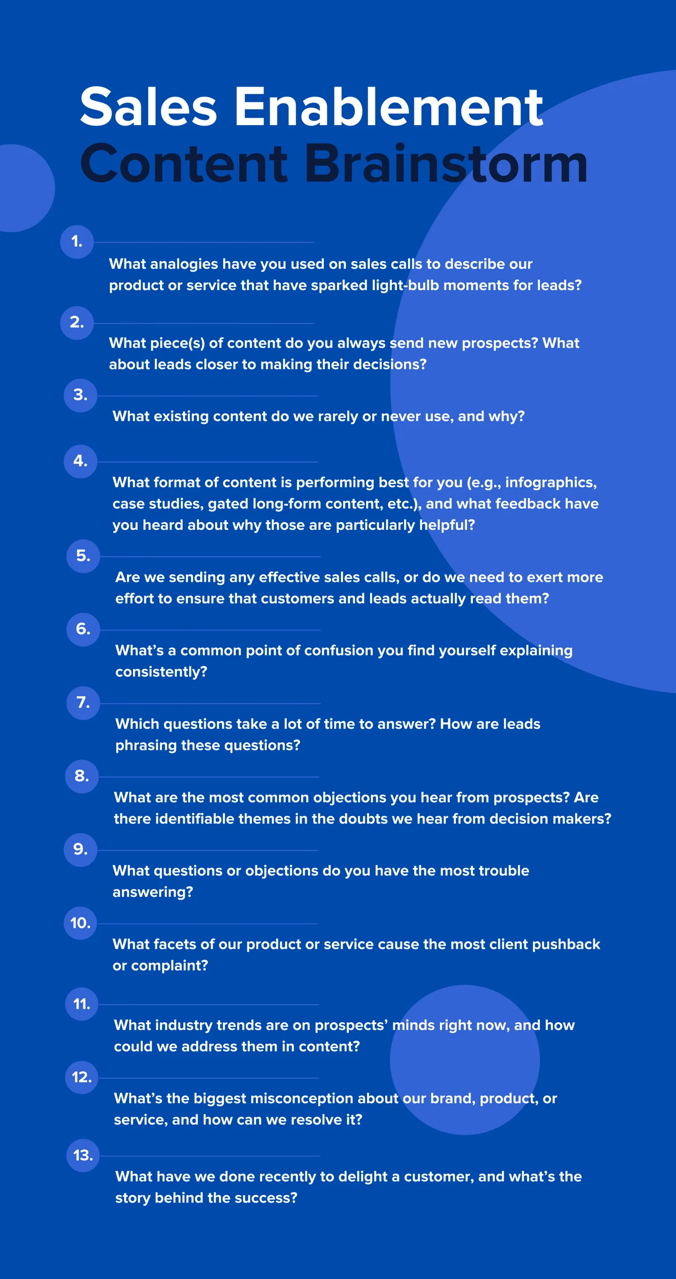 Sales Enablement Content Brainstorm. 1. What analogies have you used on sales calls to describe our product or service that have sparked light-bulb moments for leads? 2. What pieces of content do you always send new prospects? What about leads closer to making their decisions? 3. What existing content do we rarely or never use and why? 4. What format of content is performing best for you, and what feedback have you heard about why those are particularly helpful? 5. Are we sending any effective sales calls, or do we need to exert more effort to ensure customers and leads actually read them? 6. What's a common point of confusion you find yourself explaining consistently? 7. Which questions take a lot of time to answer? How are leads phrasing these questions? 8. What are the most common objections you hear from prospects? Are there identifiable themes in the doubts we hear from decision makers? 9. What questions or objections do you have the most trouble answering? 10. What facets of our product or service cause the most client pushback or complaint? 11. What industry trends are on prospects' minds right now, and how could we address them in content? 12. What's the biggest misconception about our brand, product, or service, and how can we resolve it? 13. What have we done recently to delight a customer, and what's the story behind the success?