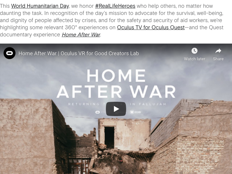 A screenshot showing a description of Oculus' "Home After War" documentary experience and the video's thumbnail on YouTube.