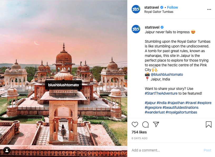 A screenshot of a post from the STA Travel Instagram account.
