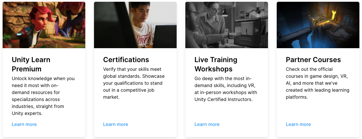 A screenshot showing the live training workshops, and partner courses Unity offers.