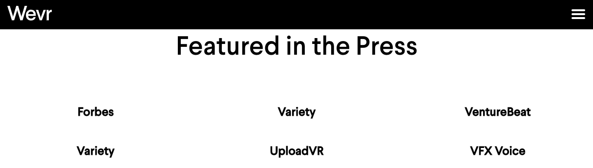 A screenshot of Wevr's Featured in the Press page.