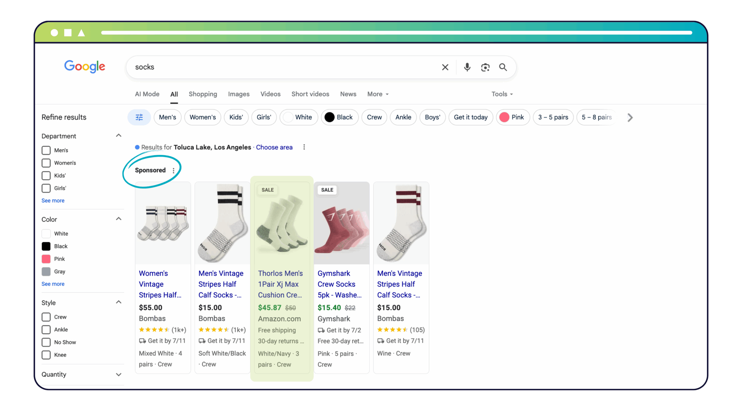Screenshot of a Google search results page for the keyword “socks.” At the top of the results is a “Sponsored” label circled in blue, indicating that the horizontal row of product listings is paid advertising. The listings include various brands of socks, each with images, pricing, seller name, ratings, and shipping information.
