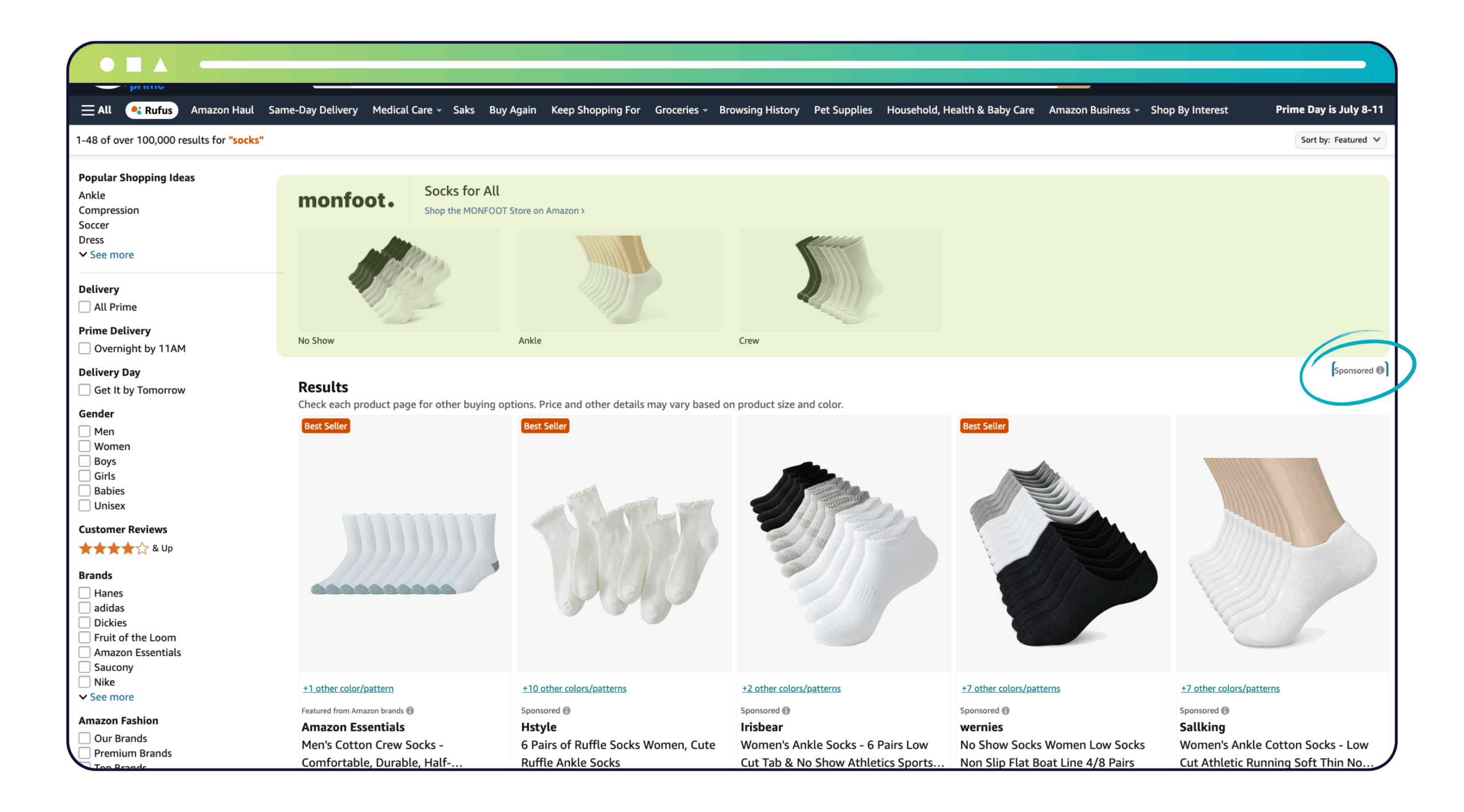 Screenshot of an Amazon search results page for “socks,” showing both organic and sponsored listings. At the top center is a green-highlighted banner promoting the brand Monfoot, with the slogan “Socks for All” and product category images: No Show, Ankle, and Crew. Below the banner, a “Results” section displays five sock product listings in a grid layout. Notably, a “Sponsored” label is circled in blue on the right side, indicating that the Monfoot banner is a paid advertisement.