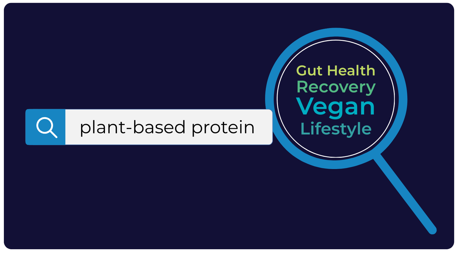 Illustration of a search bar with the text "plant-based-protein." Next to it is an illustration of a magnifying glass containing the related topics/entities: gut health, recovery, vegan, and lifestyle.