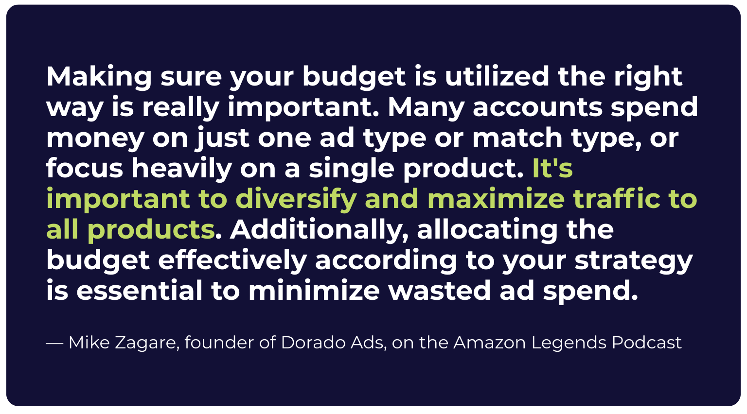 Pull quote: "Making sure your budget is utilized the right way is really important. Many accounts spend money on just one ad type of match type, or focus heavily on a single product. It's important to diversify and maximize traffic to all products. Additionally, allocating the budget effectively according to your strategy is essential to minimize wasted ad spend." — Mike Zagare, founder of Dorado Ads, on the Amazon Legends Podcast