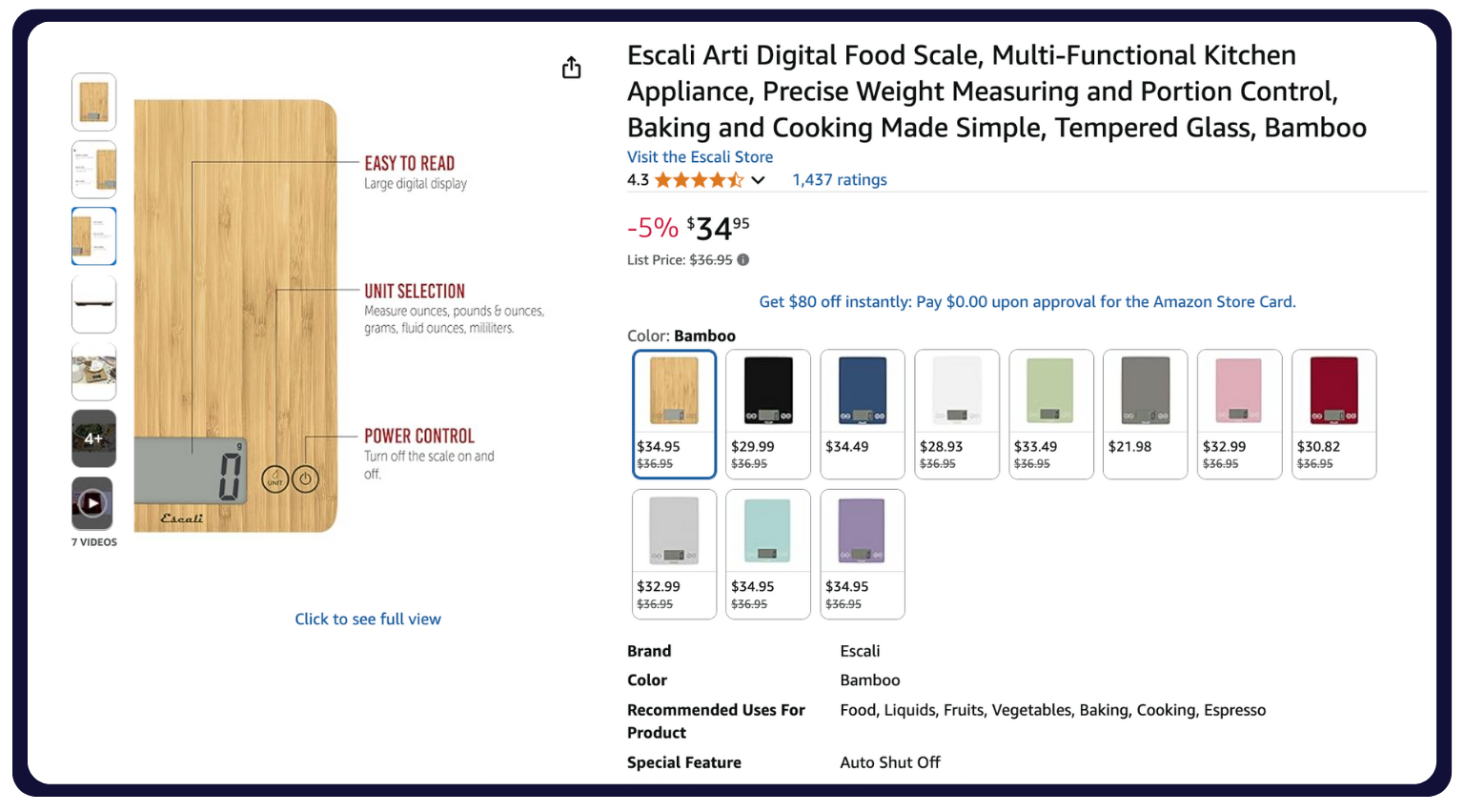 Amazon product listing for the Escali Arti Digital Food Scale. The main image shows a bamboo-colored rectangular digital kitchen scale with a large digital display, unit selection button, and power control button. Text highlights “Easy to Read,” “Unit Selection” (measures ounces, pounds & ounces, grams, fluid ounces, milliliters), and “Power Control” (on/off). Product title: Escali Arti Digital Food Scale, Multi-Functional Kitchen Appliance, Precise Weight Measuring and Portion Control, Baking and Cooking Made Simple, Tempered Glass, Bamboo. Price: $34.95 (5% off, list price $36.95). Rating: 4.3 stars with 1,437 ratings. Color options shown below include bamboo, black, white, gray, green, pink, teal, purple, and red with varying prices ($21.98–$36.95). Details: Brand: Escali Color: Bamboo (selected) Recommended Uses: Food, liquids, fruits, vegetables, baking, cooking, espresso Special Feature: Auto shut off